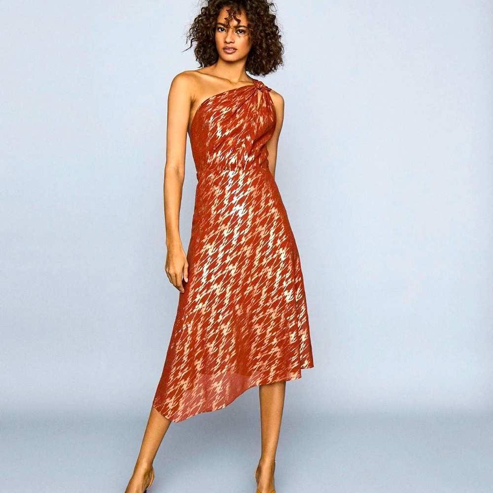 NWT Reiss Delilah Red One Shoulder Metallic Dress